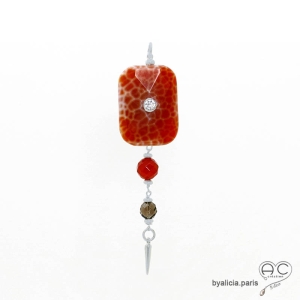 Élégant pendentif en argent, agate feu, cornaline et quartz fumé. Pièce artisanale française