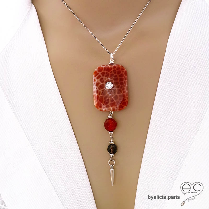 Pendentif agate feu, cornaline et quartz fumé, bijou argent avec zircon et pointe, fait main, création by Alicia