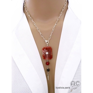 grand pendentif orange femme en pierres naturelles agate feu, cornaline, quartz fumé et pointe argent réalisé à la main