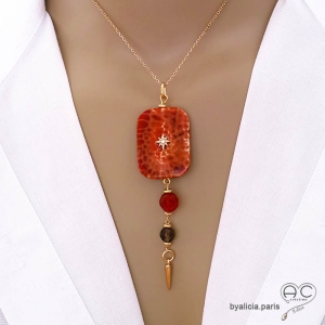 Pendentif agate feu, cornaline et quartz fumé, bijou plaqué or avec zircon et pointe, fait main, création by Alicia