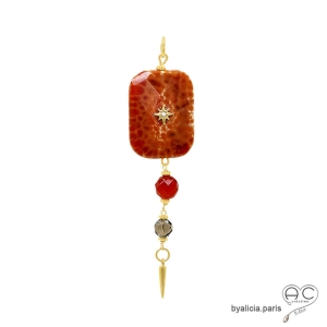 Élégant pendentif en plaqué or, agate feu, cornaline et quartz fumé. Pièce artisanale française