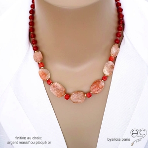 Collier en pierre de soleil et cornaline, finition plaqué or ou argent massif, pierres naturelles, création by Alicia