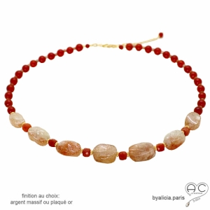 collier femme pierres semi-précieuses pierre de soleil et cornaline fait main en France