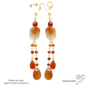 boucles d'oreilles pendantes oranges en pierres naturelles plaqué or ou argent fait main créateur français