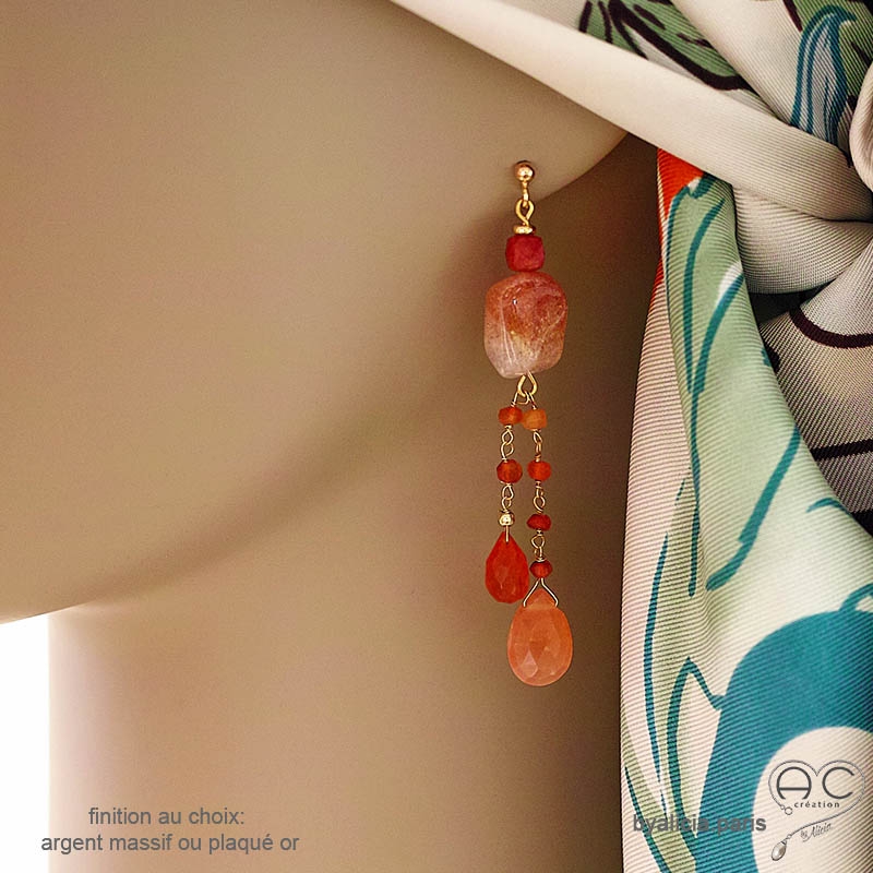 Boucles d'oreilles pierre de soleil et cornaline, plaqué or ou argent, fait main, création by Alicia