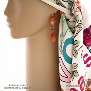 boucles d'oreilles longues oranges femme en pierre de soleil et cornaline fait sur mesure en France