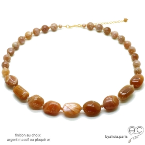 grand collier orange abricot femme en pierre de soleil naturelle argent 925 ou plaqué or réalisé à la main en France