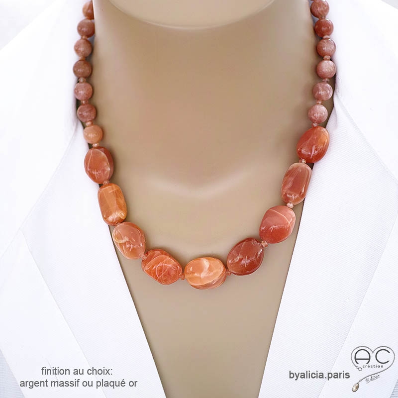 Collier en pierre de soleil, finition plaqué or ou argent massif, pierre naturelle, création by Alicia