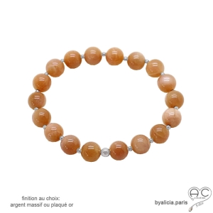 bracelet argent pierre de soleil abricot, fait main créateur français