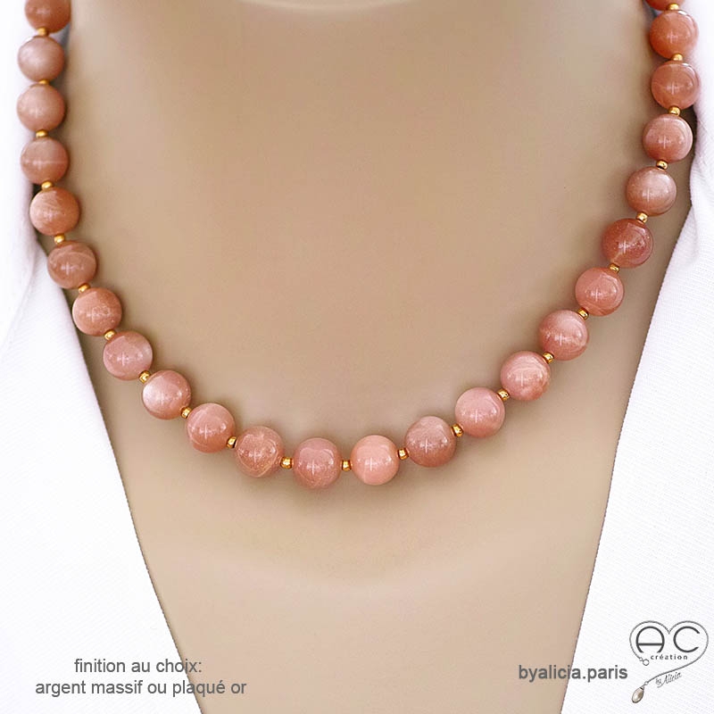 Collier en pierre de soleil ronde 8mm, finition plaqué or ou argent massif, pierre naturelle, création by Alicia