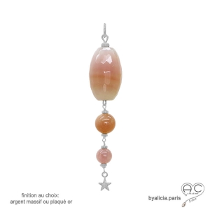 pendentif long avec étoile en argent 925 pierres naturelles agate rose, pierre de soleil, quartz rose fait main sur mesure