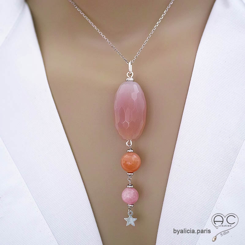 Pendentif agate rose, pierre de soleil, quartz rose et une étoile, bijou argent massif fait main, création by Alicia