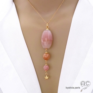 Pendentif agate rose, pierre de soleil, quartz rose et une étoile, bijou plaqué or fait main, création by Alicia