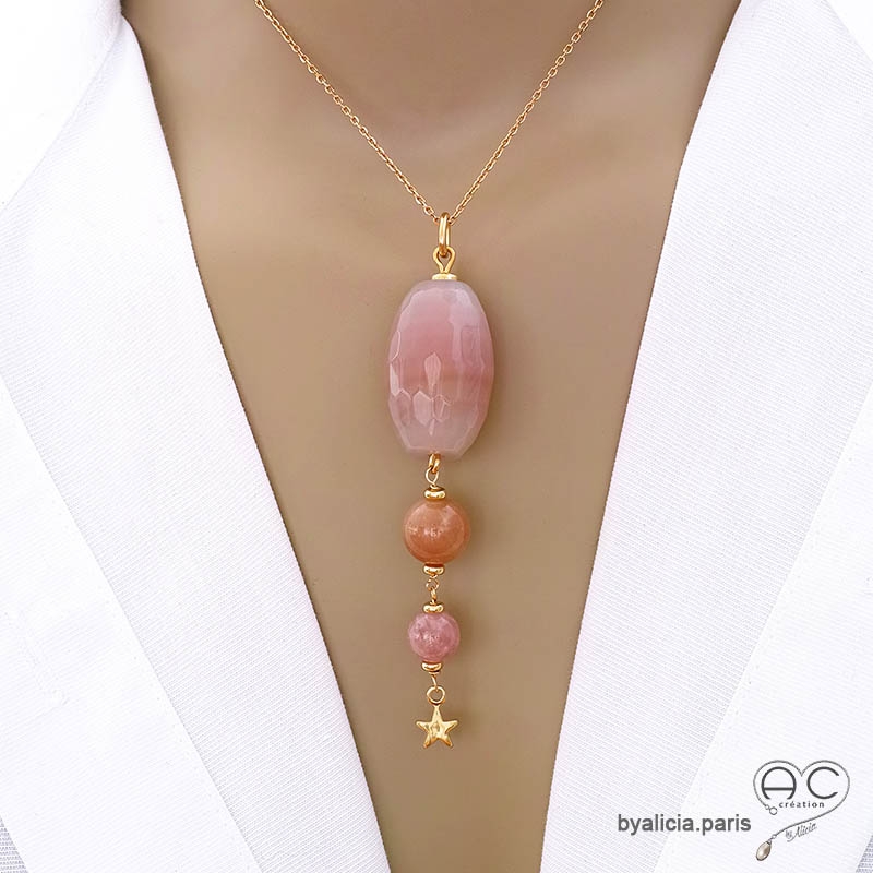 Pendentif agate rose, pierre de soleil, quartz rose et une étoile, bijou plaqué or fait main, création by Alicia