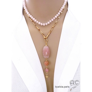 bijou femme pendentif long rose en pierres  semi-précieuses et étoile plaqué or créateur français