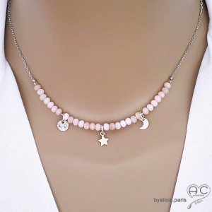 Collier en opale rose, pampilles étoile et lune, argent massif, fait main, création by Alicia