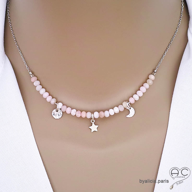Collier en opale rose, pampilles étoile et lune, argent massif, fait main, création by Alicia