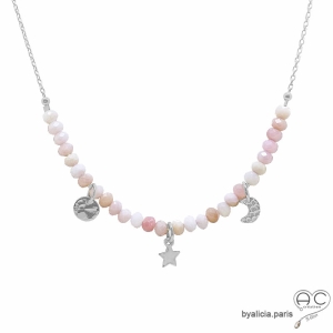 ras de cou femme opale rose, pampilles étoile et lune en argent massif, collier fait main en France