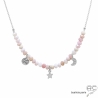 ras de cou femme opale rose, pampilles étoile et lune en argent massif, collier fait main en France