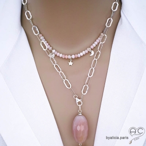 bijoux créateur collier ras du cou argent pierre naturelle couleur rose raffiné fait sur-mesure
