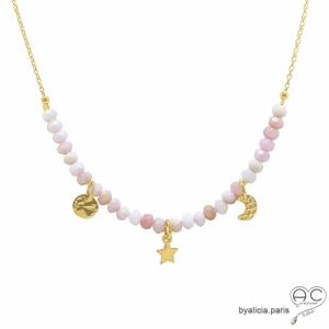 ras de cou femme opale rose, pampilles étoile et lune en plaqué or, collier fait main en France