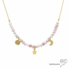 ras de cou femme opale rose, pampilles étoile et lune en plaqué or, collier fait main en France