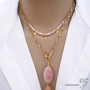 bijoux créateur collier plaqué or opale rose pierre naturelle couleur rose raffiné fait sur-mesure