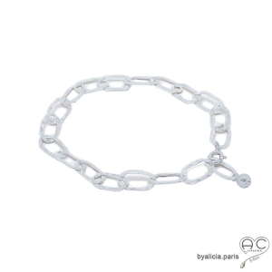 Bracelet chaîne gros maillons rectangulaires en argent massif martelé, tendance, femme, création by Alicia