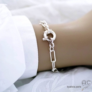 Bracelet argent massif chaîne grandes maillons rectangulaires avec grand fermoir rond, tendance, création by Alicia