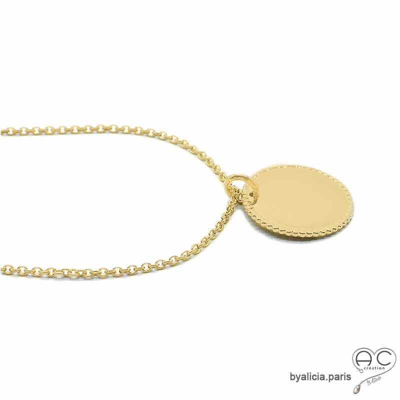 Médaille vintage ronde, bombée des deux côtés en plaqué or, tendance, bohème