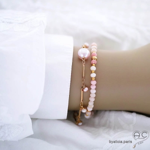 bijou créateur en opale rose bracelet fin, pierre semi-précieuse sur élastique fait main