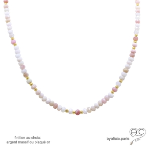 collier opale rose plaqué or, pierre naturelle, fait main en France