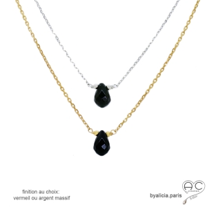 Ras de cou agate onyx noire goutte sur une chaîne en vermeil ou en argent massif, femme, minimaliste, artisanal