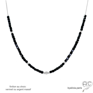 Collier noir femme spinelle noire sur une chaîne fine argent, fait main en France
