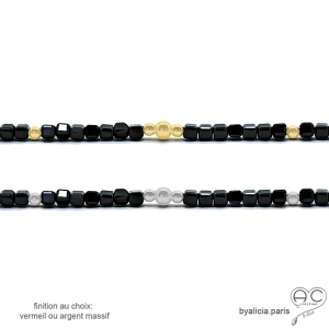 pierre spinelle noire vermeil ou argent collier ras du cou artisanal fait sur mesure en France