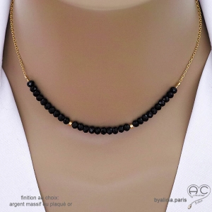 collier noir femme pierre naturelle spinelle noire sur une chaîne en plaqué or ou argent, fait main sur mesure