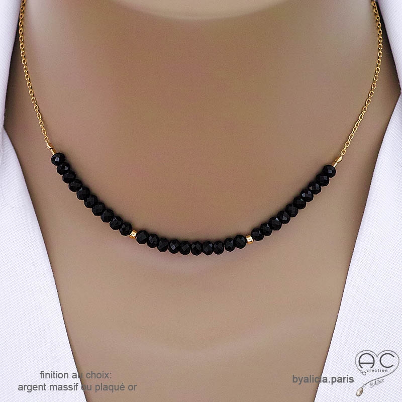 collier noir femme pierre naturelle spinelle noire sur une chaîne en plaqué or ou argent, fait main sur mesure
