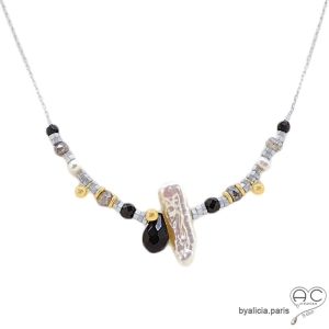 collier ras de cou femme argent, perle baroque, onyx noire, fait main en France
