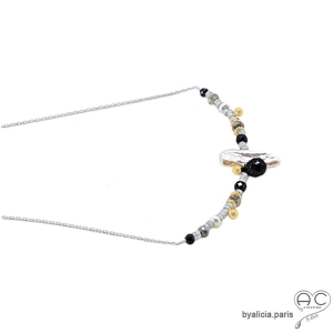 collier perle baroque et pierres naturelles noirs sur une chaîne fine en argent créateur français