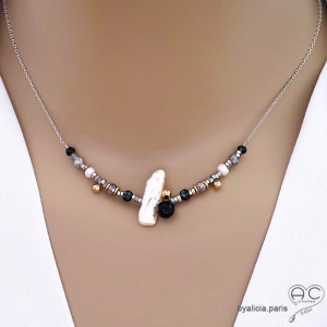 Collier perle baroque et de pierres naturelles noirs et gris, argent rhodié, fait main, création by Alicia