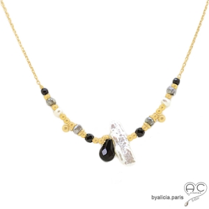collier ras de cou femme plaqué or, perle baroque, onyx noire, fait main en France