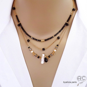bijou créateur collier perle baroqué et pierres naturelles noirs plaqué or  fait main sur mesure en France