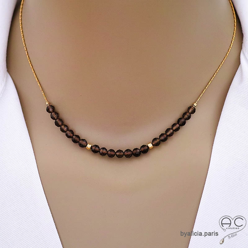 collier quartz fumé sur une chaîne en plaqué or fait main, créateur français