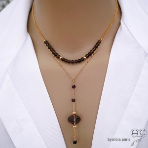 collier femme en pierre naturelle quartz fumé sur une chaîne en plaqué or ou argent, fait main sur mesure en France