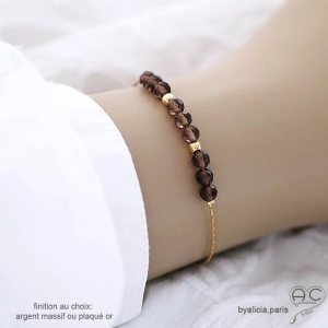 Bracelet quartz fumé sur une chaîne fine en plaqué or ou en argent, fait main, création by Alicia