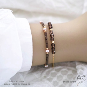 bracelets créateur pour femme en pierres semi-précieuses quartz fumé et plaqué or réalisé sur mesure en France