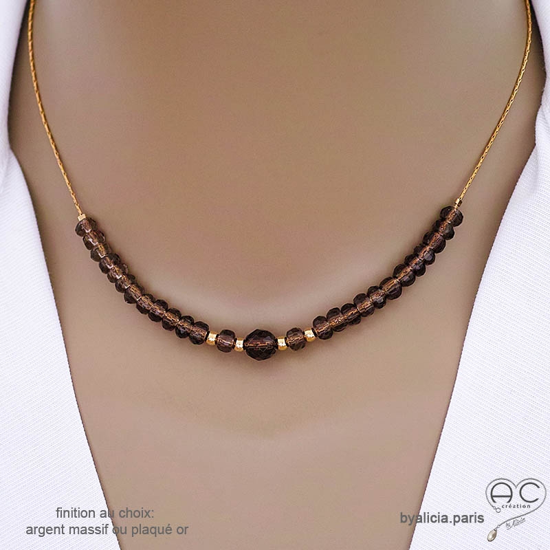 Collier quartz fumé sur une chaîne en plaqué or ou en argent, fait main, création by Alicia