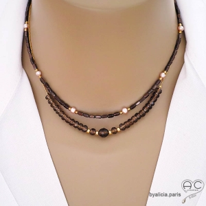 collier femme en pierre naturelle quartz fumé sur une chaîne en plaqué or ou argent, fait main sur mesure en France