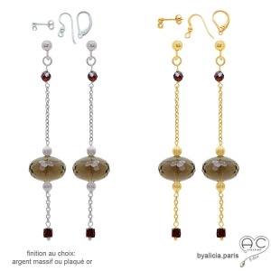 Boucles d'oreilles en quartz fumé et grenat sur chaîne en plaqué or ou argent, fait main création by Alicia