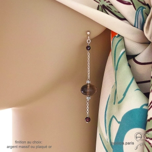 Boucles d'oreilles pendantes en quartz fumé et grenat sur chaîne en argent fait main